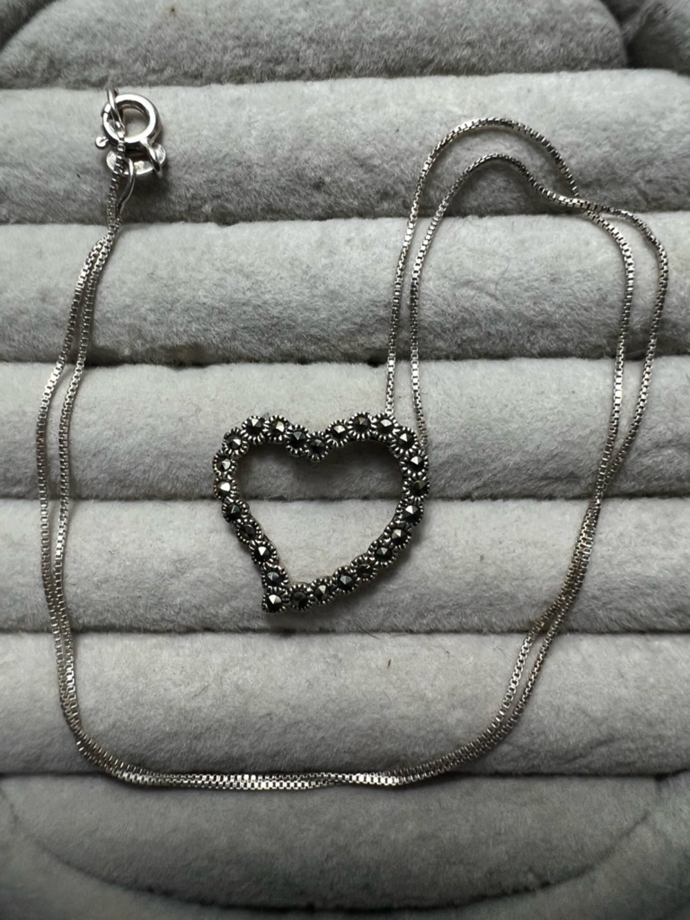 Heart-Shaped Marcasite Pendant Necklace - Silver